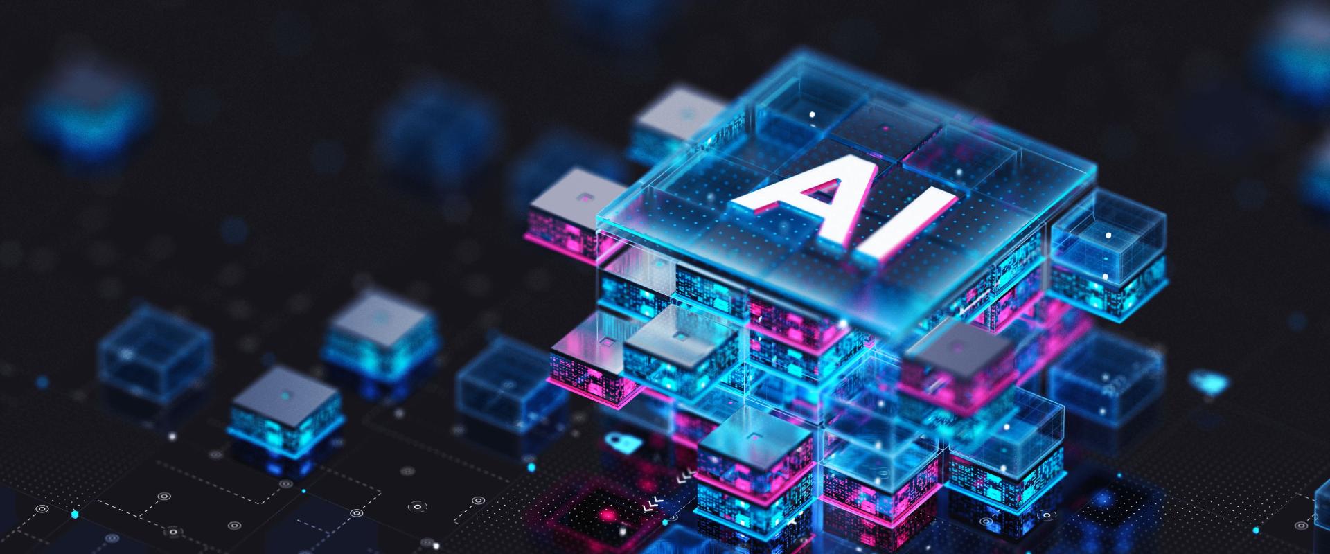 image shows a keyboard key in luminous blue with teh letters AI written on it. There are other pixels on the screen that are smaller