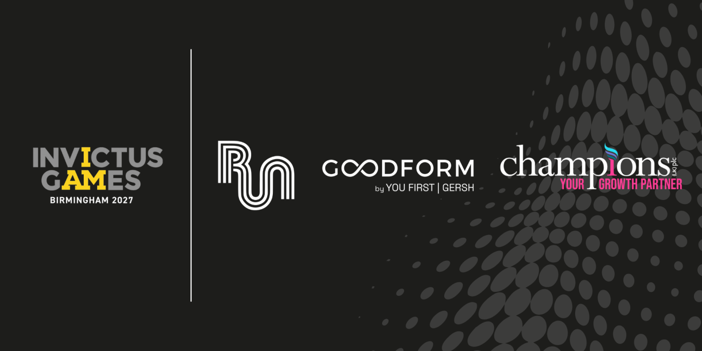 Invictus Games Birmingham 2027, Run Communications, Goodform and Champions (UK) plc logo lock up