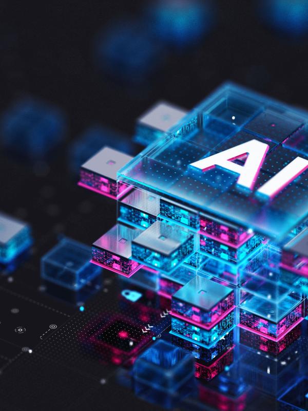 image shows a keyboard key in luminous blue with teh letters AI written on it. There are other pixels on the screen that are smaller