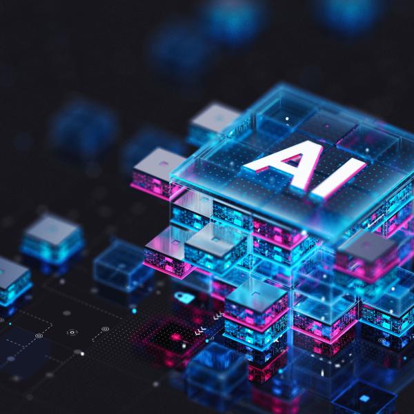 image shows a keyboard key in luminous blue with teh letters AI written on it. There are other pixels on the screen that are smaller